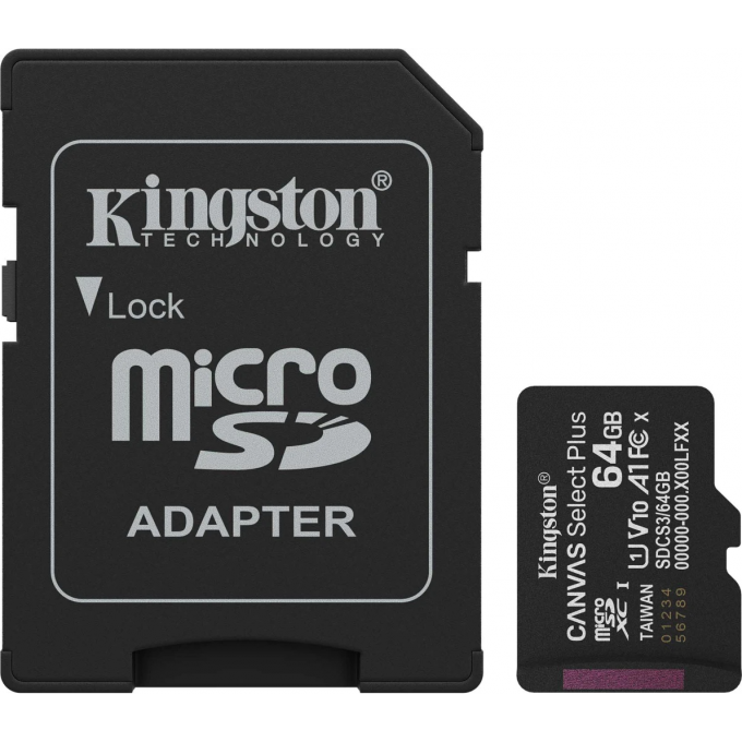 Карта памяти 64Gb MicroSD KINGSTON CANVAS SELECT PLUS + SD адаптер () SDCS3/64GB